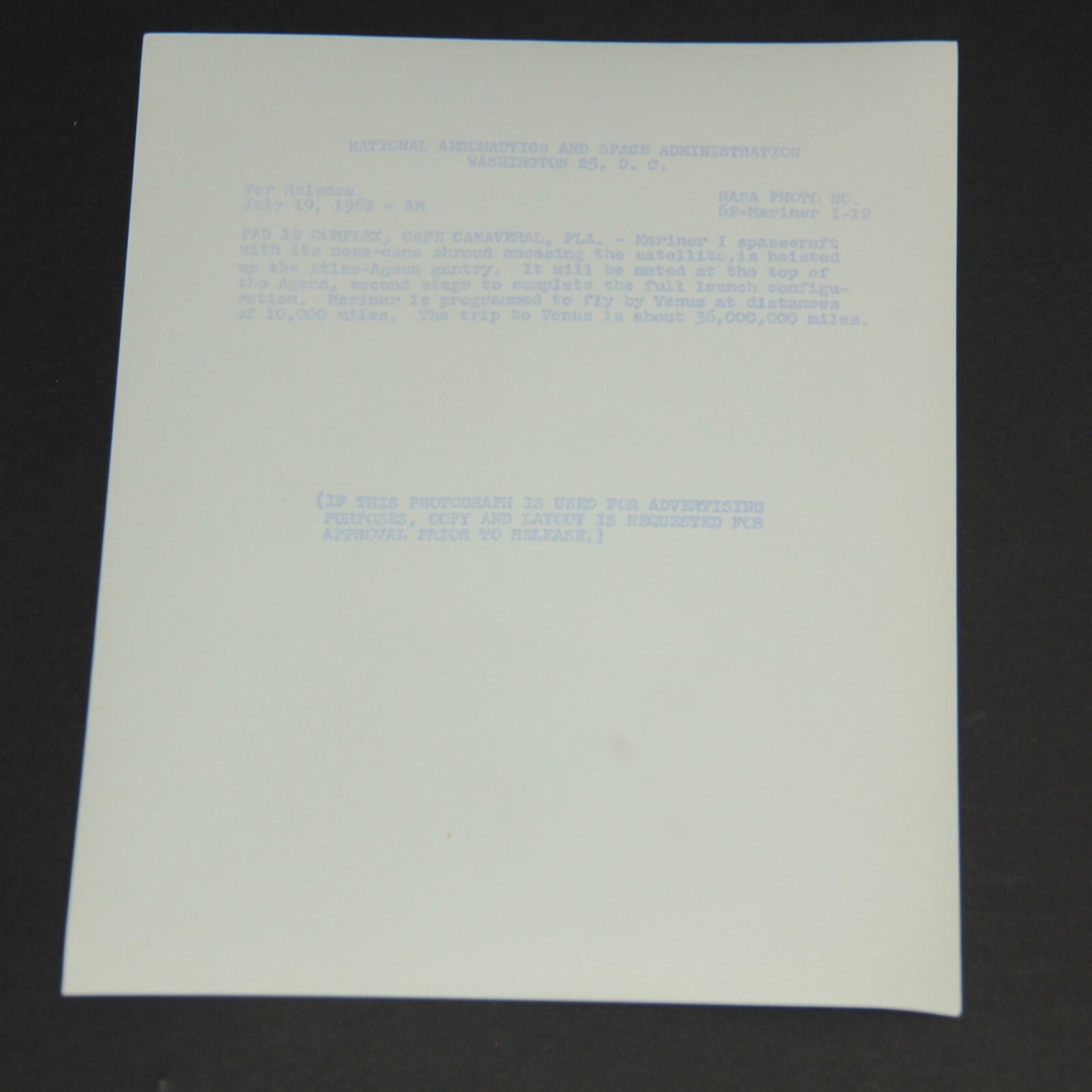 NASA PRESS RELEASE 62-Mariner I-12 Spacecraft at Pad 12 Photo Purple Print