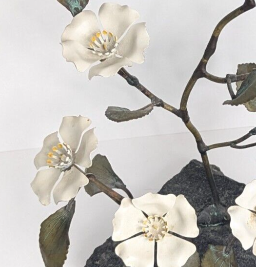 MCM Brass Cherry Blossom Sculpture on Granite Base 12” Mid Century Modern ✨