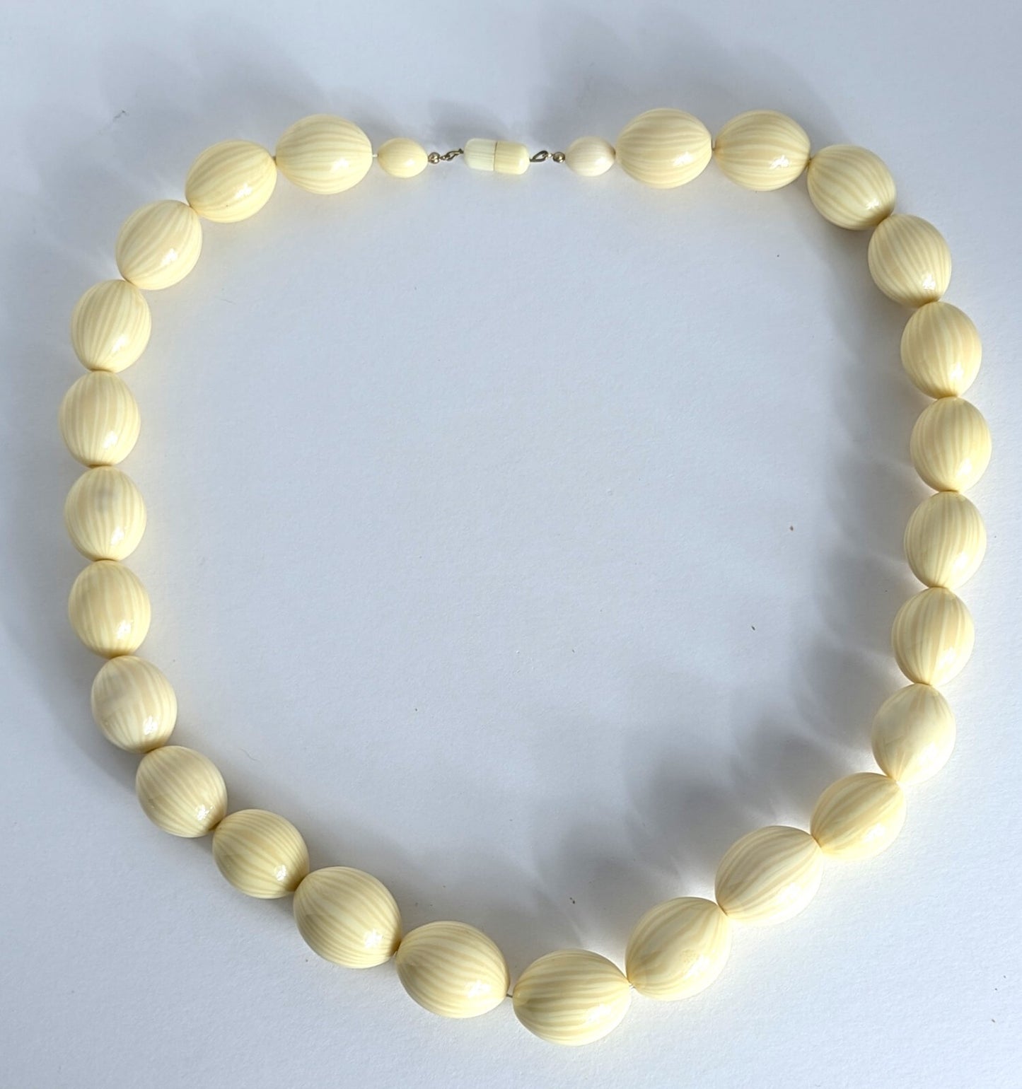 28.5" Vintage Carved Celluloid Galalith Graduated Bead Necklace Large 1" Bead