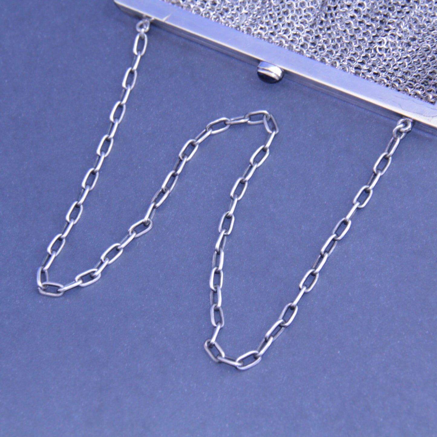 Antique Chain Link Mesh Purse with Blue Stone Cabochon Push Button Clasp