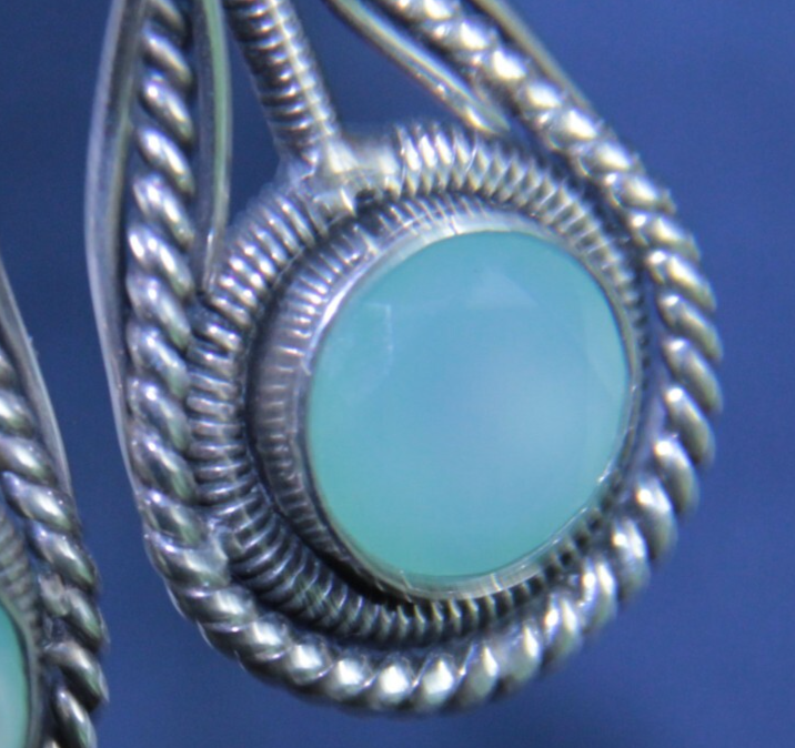 Sterling Silver Aqua Chalcedony Dangle Drop Earrings 2.25" Long - Blue Green