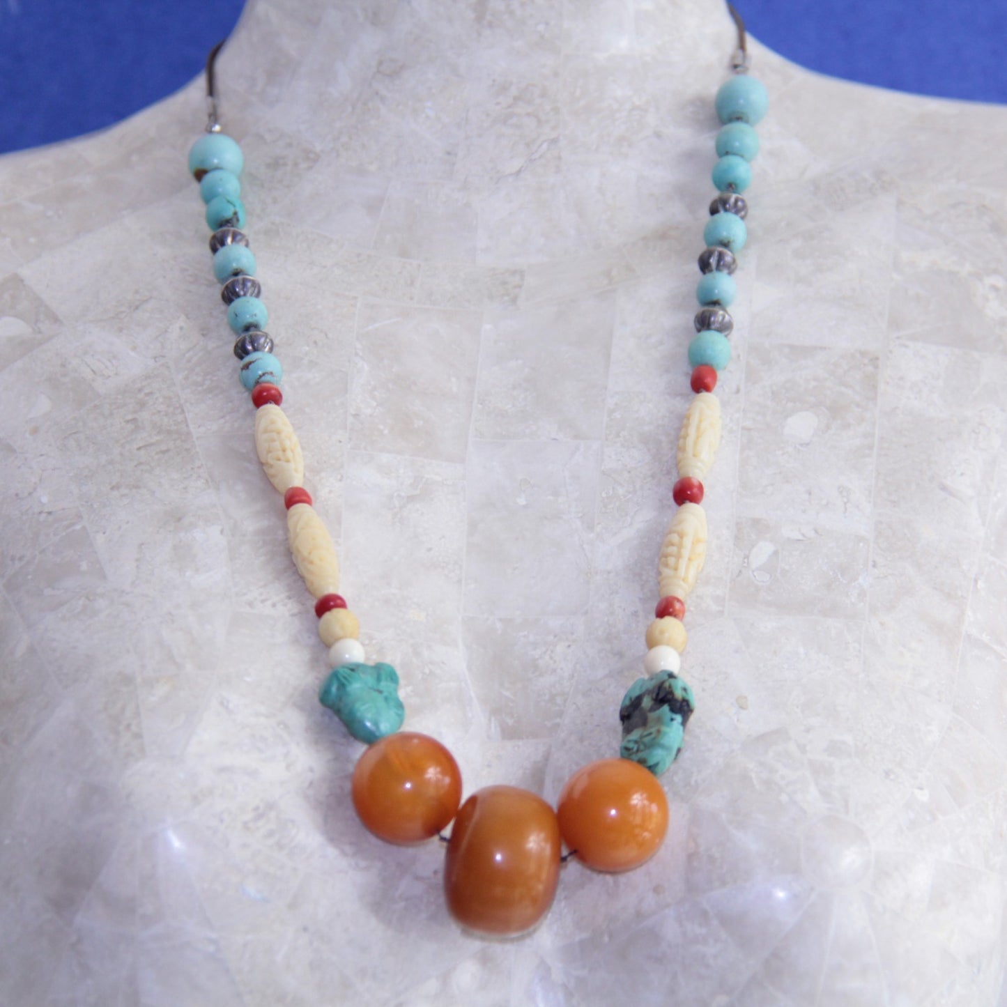 Bakelite Sterling Silver & Natural Turquoise Beaded Necklace Butterscotch 26" ✨