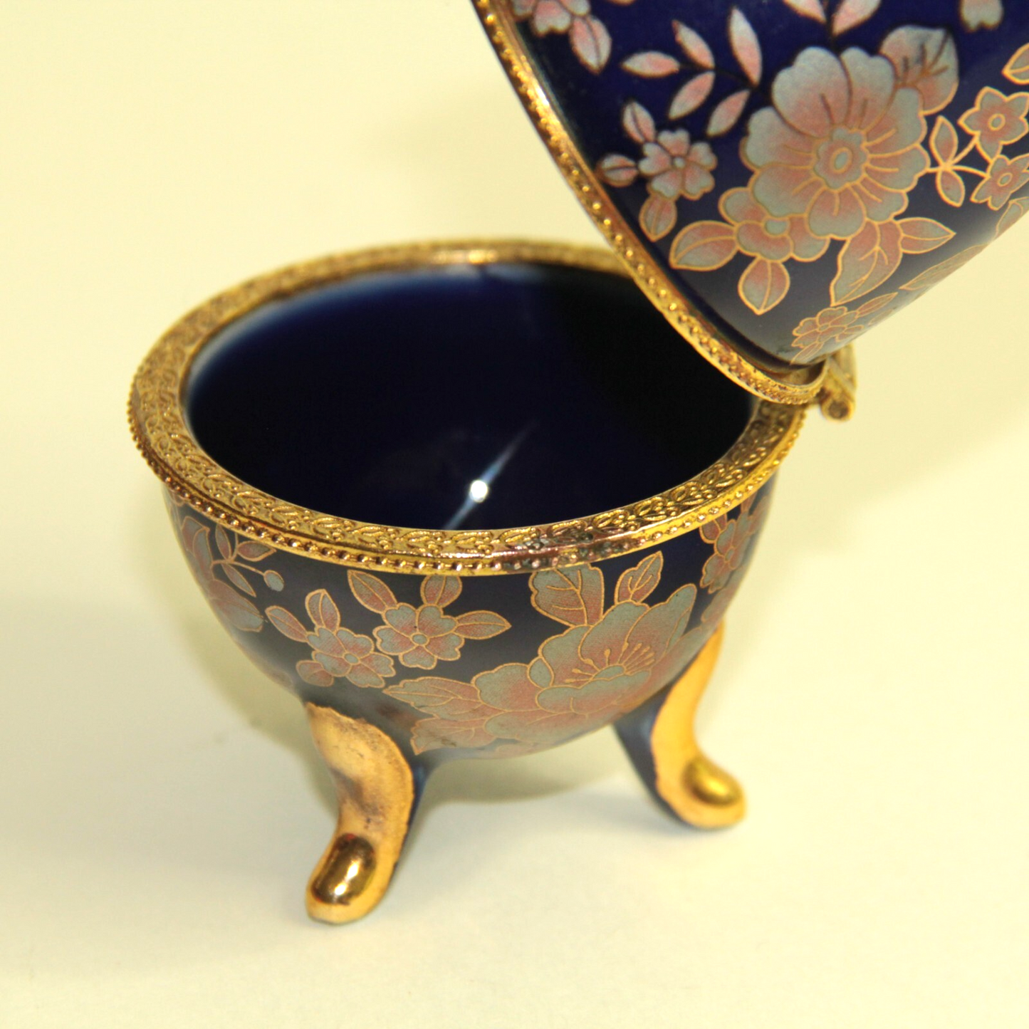3.75" Floral Egg Trinket Box Cobalt Blue w Pink Flowers & Gold Cloisonne Look