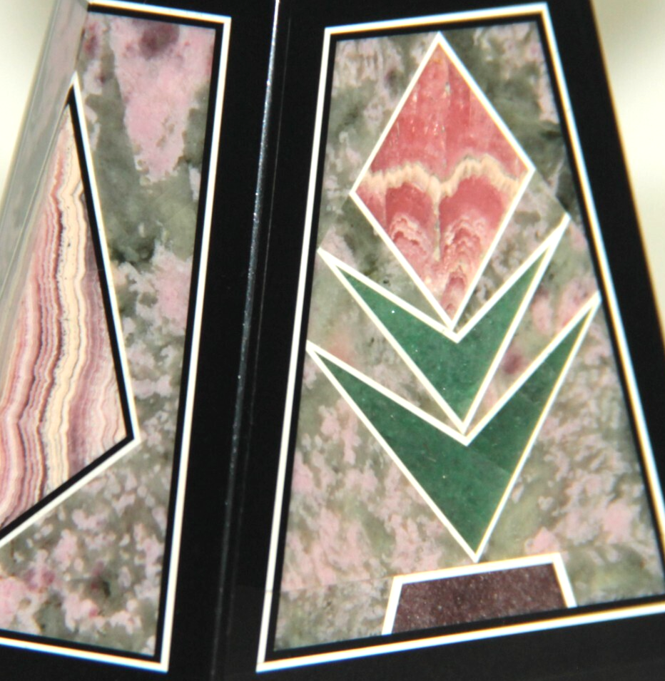 Multi-Stone Inlay Intarsia Vase Black Onyx w Rhodochrosite Thulite & Adventurine