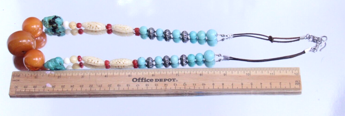 Bakelite Sterling Silver & Natural Turquoise Beaded Necklace Butterscotch 26" ✨