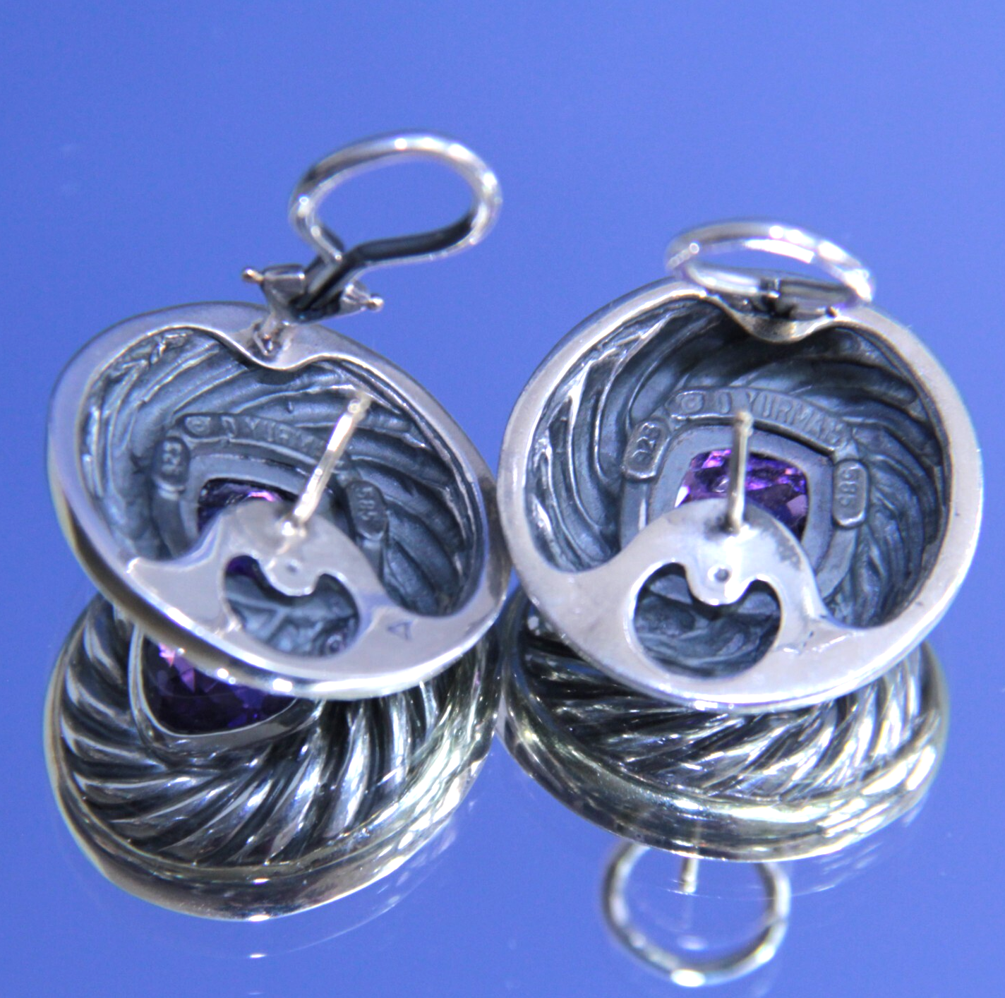 Authentic David Yurman Cable Earrings Amethyst 14K Sterling Silver RARE DESIGN
