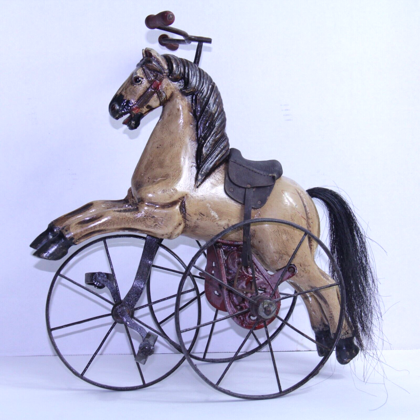 Antique Carousel Horse Tricycle Velocipede w Leather Saddle & Cast Iron Wheels