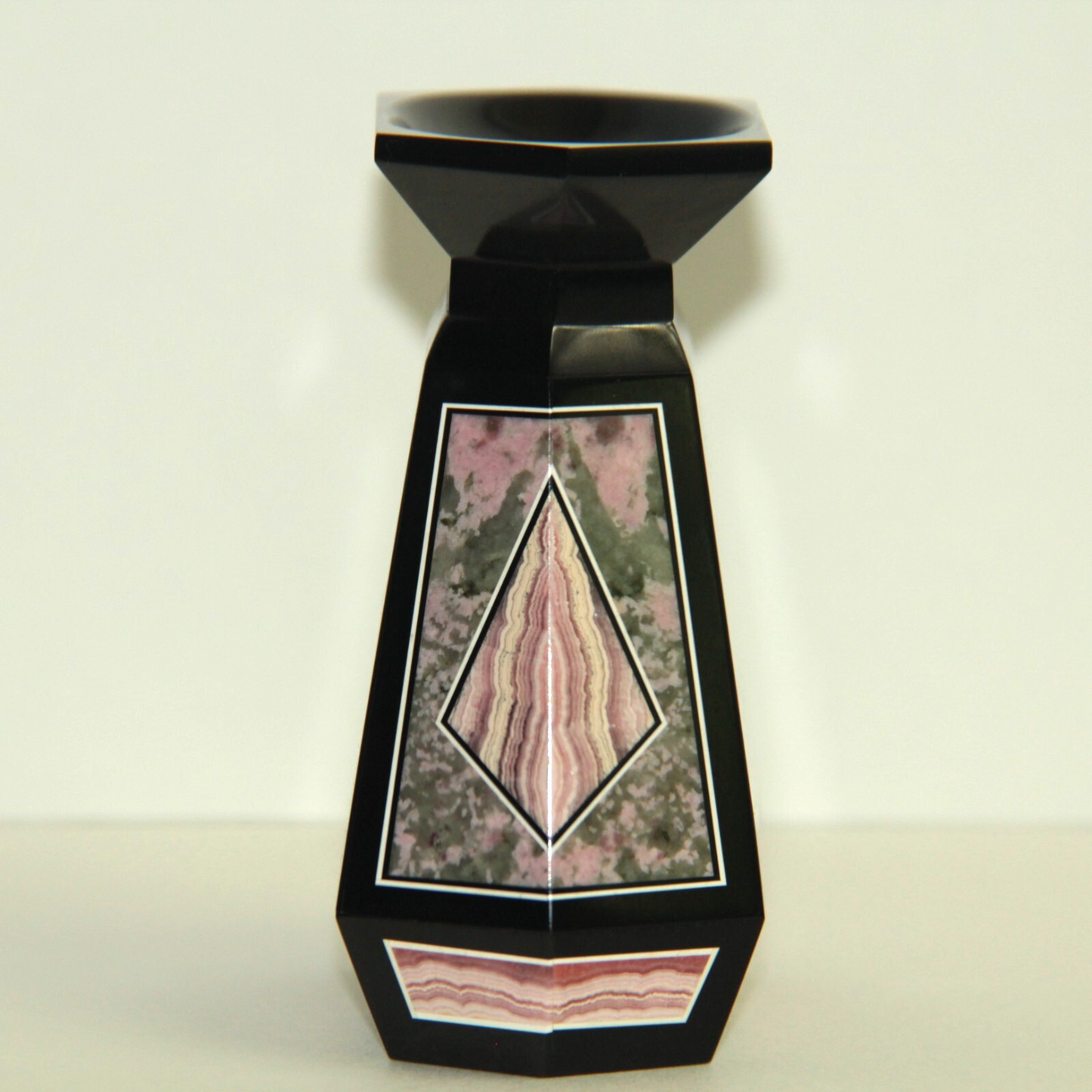 Multi-Stone Inlay Intarsia Vase Black Onyx w Rhodochrosite Thulite & Adventurine