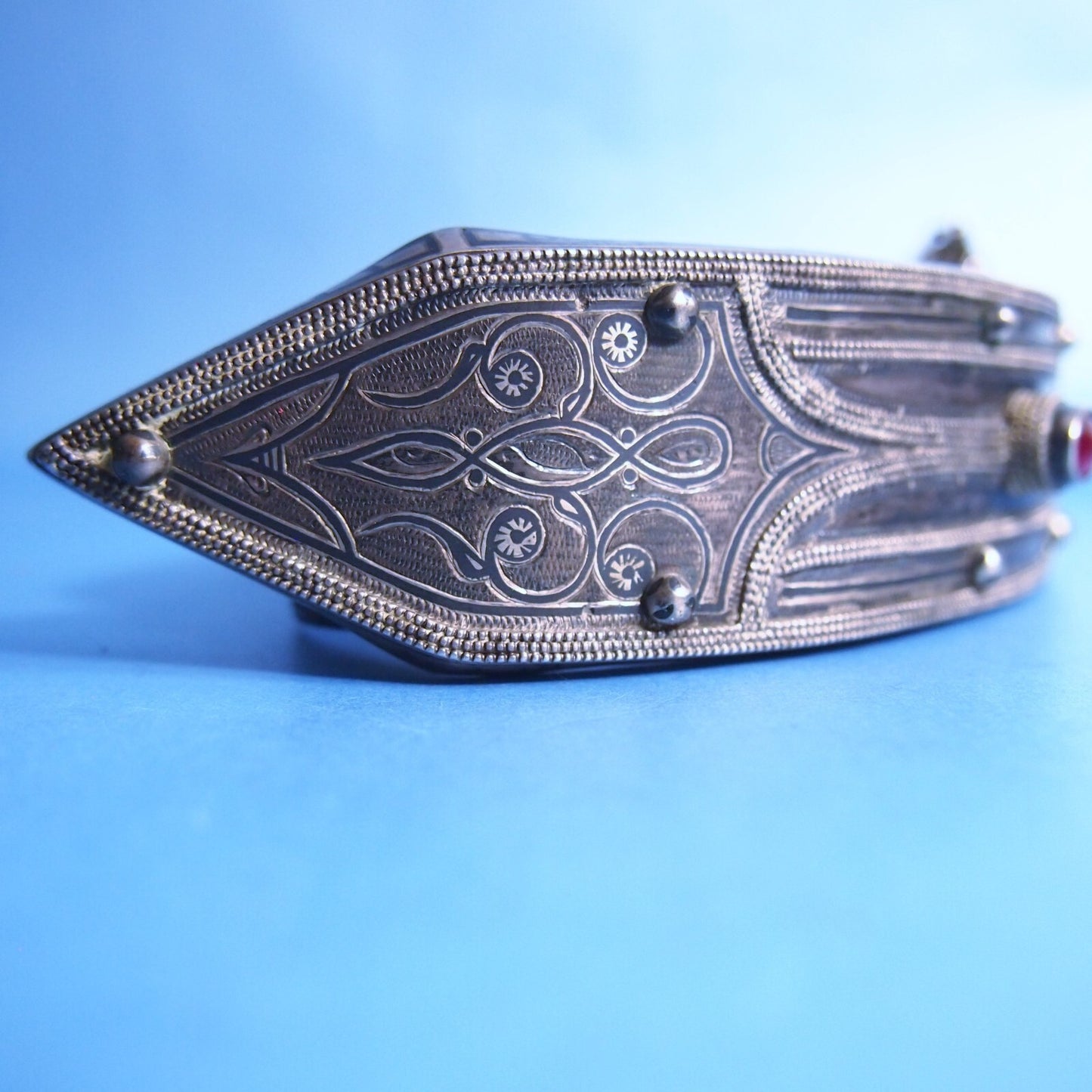 Early 1900s Niello Inlay Wedding Belt – White Metal & Bronze – 26” Ceremonial