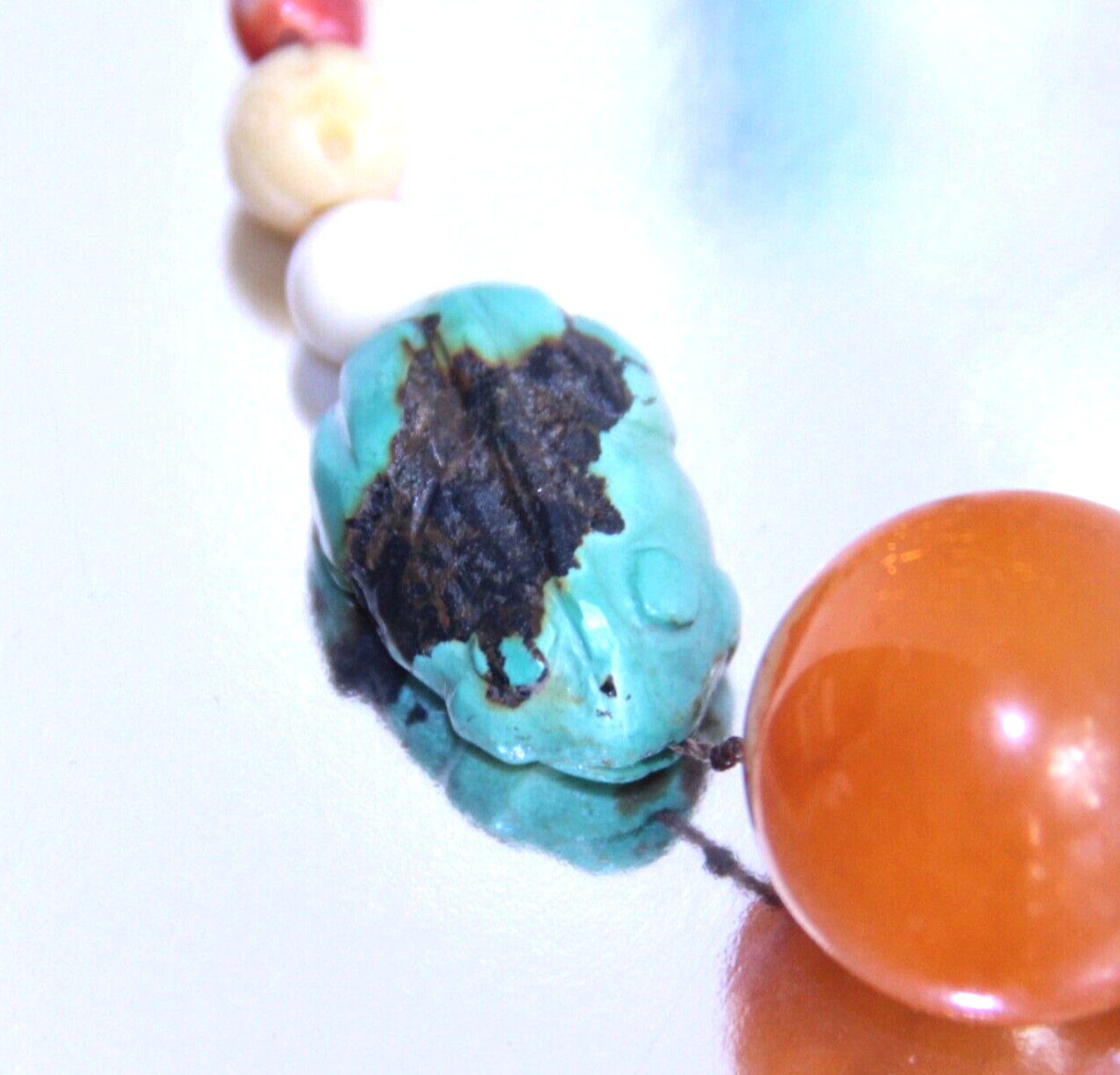 Bakelite Sterling Silver & Natural Turquoise Beaded Necklace Butterscotch 26" ✨