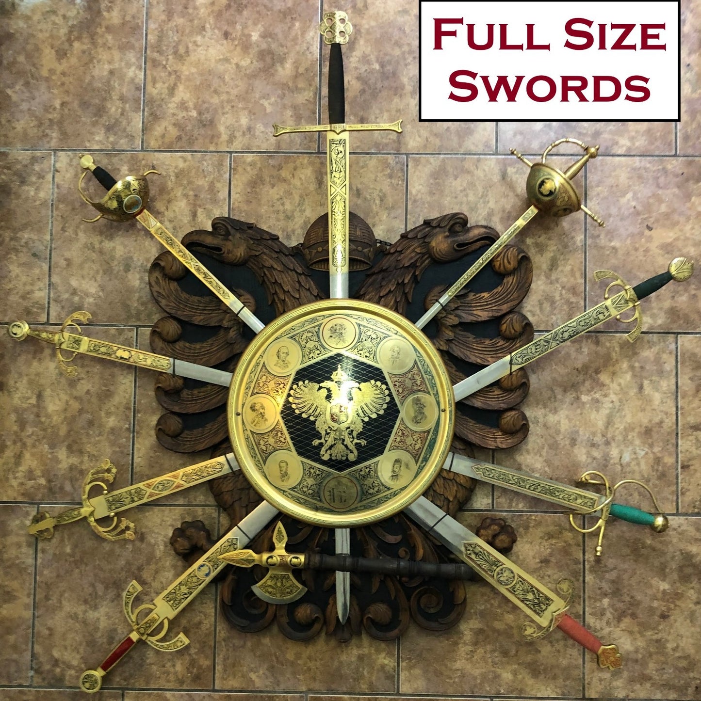 9 Full Size Toledo Steel Swords on Wood Plaque incl El Cid's Tizona & La Colada