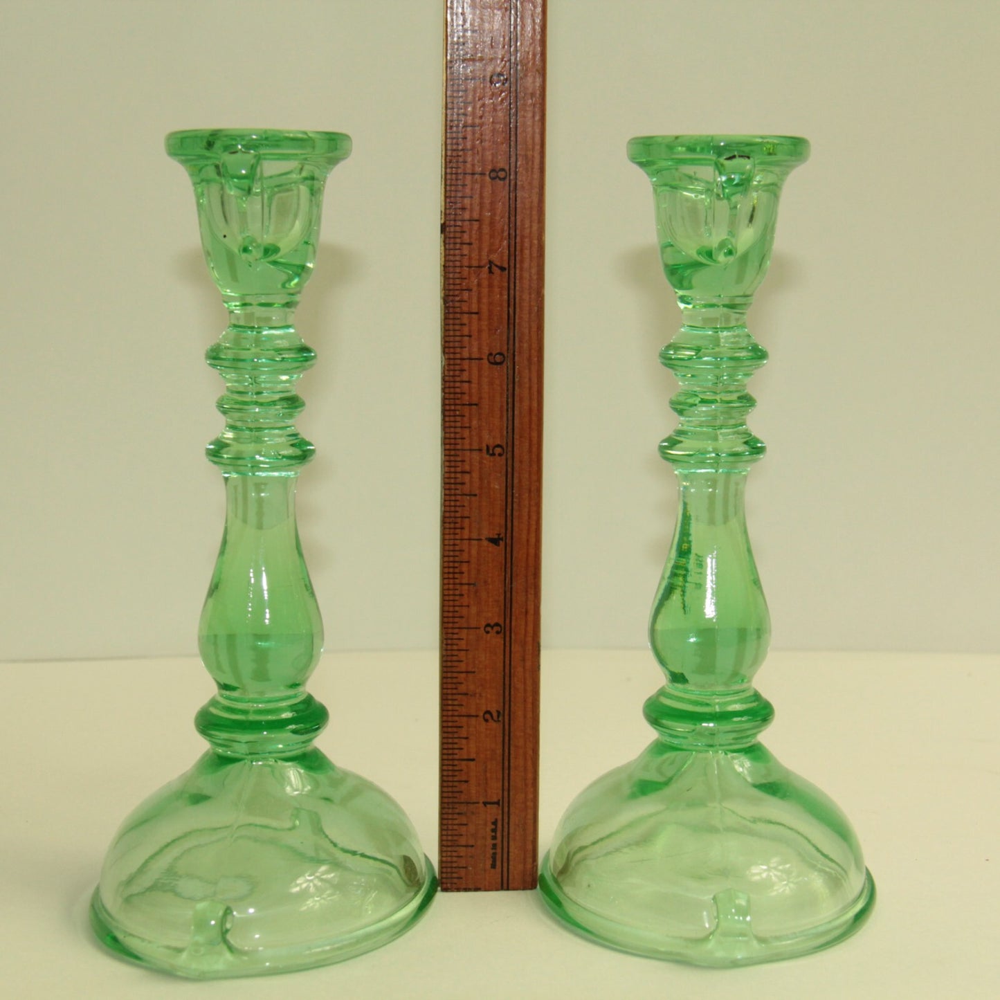 Antique Imperial Vaseline Glass Double Scroll Candlesticks 8.5" UV Reactive