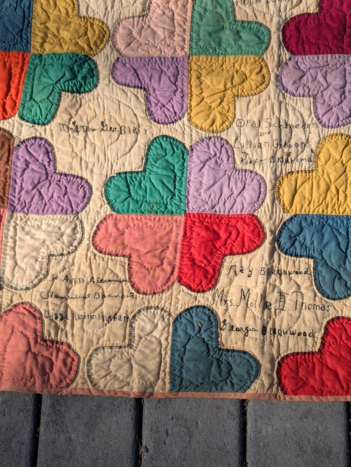 Antique Hand-Stitched Family Tree Heart Quilt Mabrey Hogg Ruff Treece Griffin