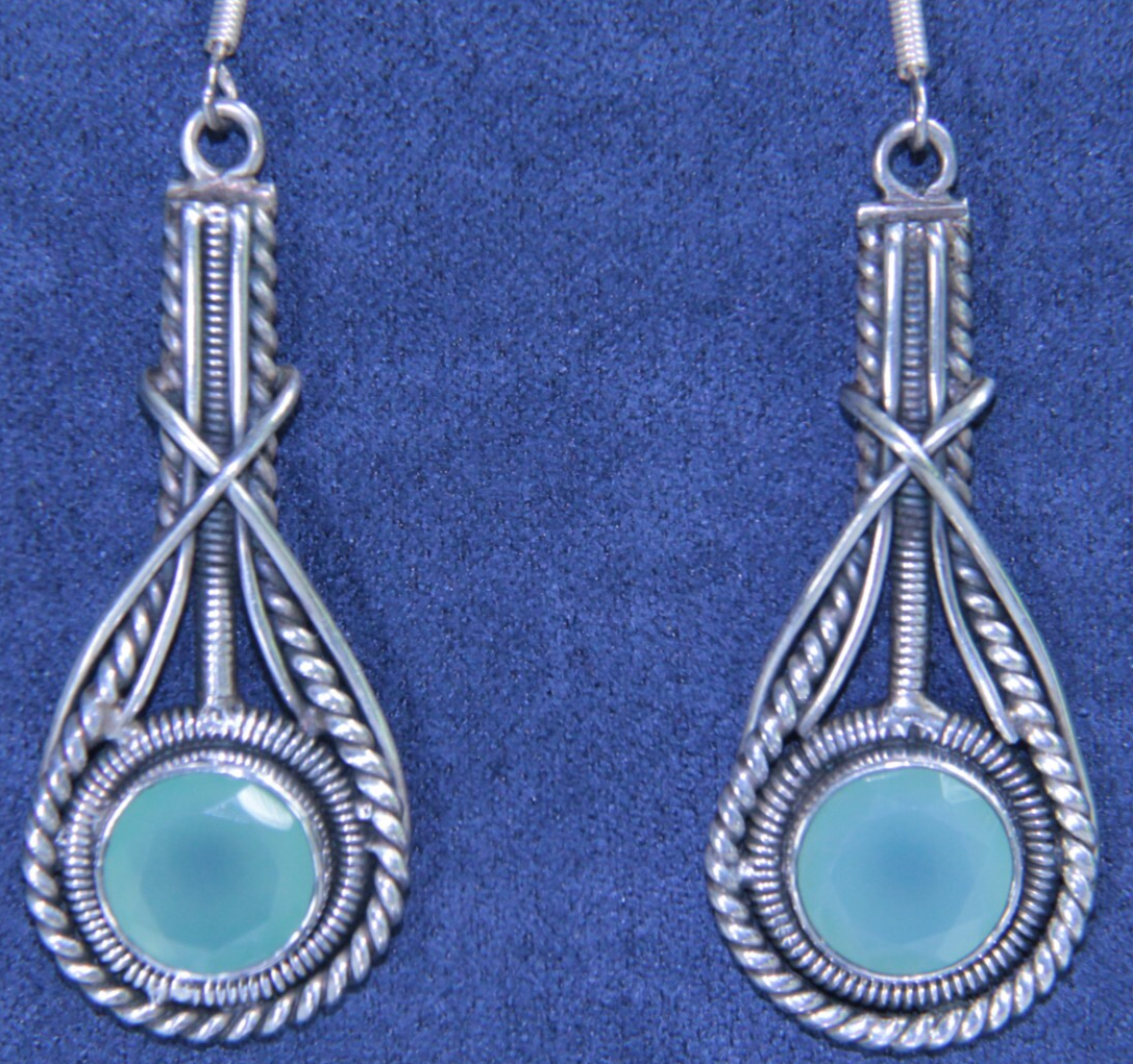 Sterling Silver Aqua Chalcedony Dangle Drop Earrings 2.25" Long - Blue Green