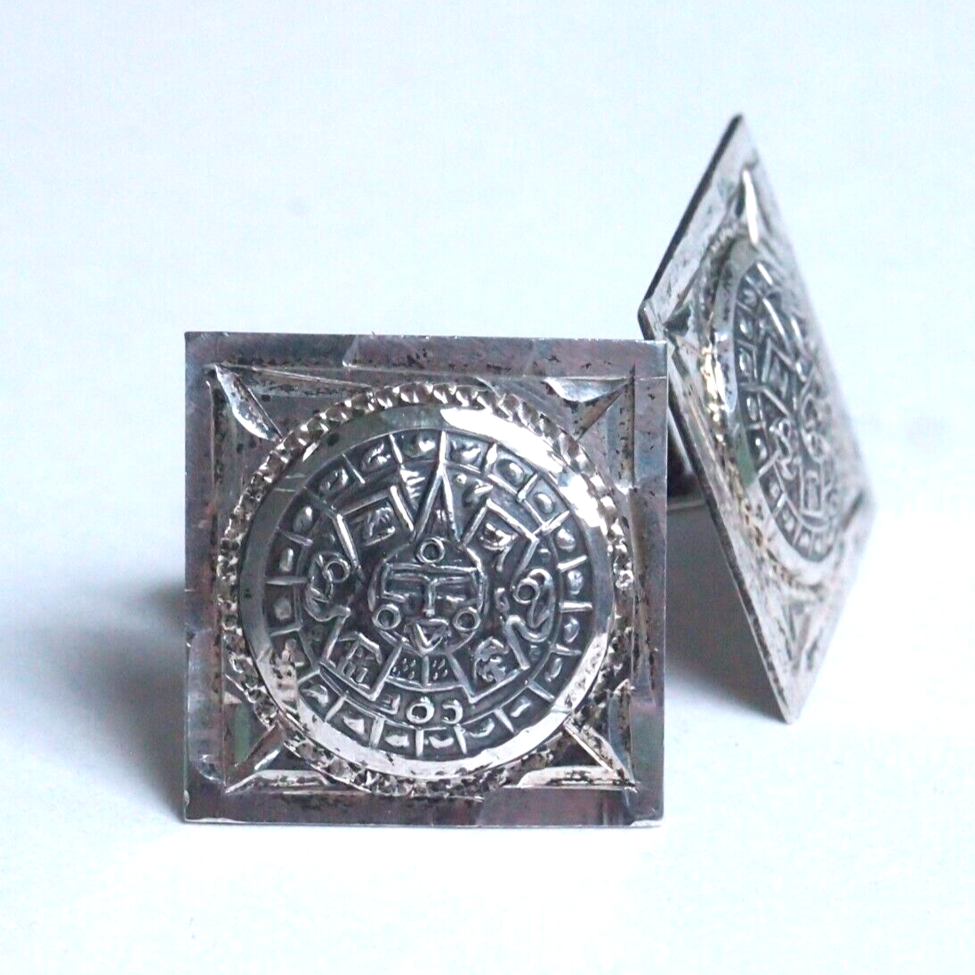 Vintage Sterling Silver Mayan Calendar Cufflinks – Mexico .925 – Eagle 28 Mark