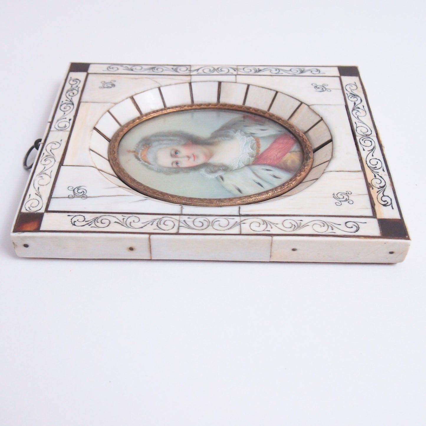 19th c. Hand-Painted Catherine the Great Miniature Portrait – Bone Frame