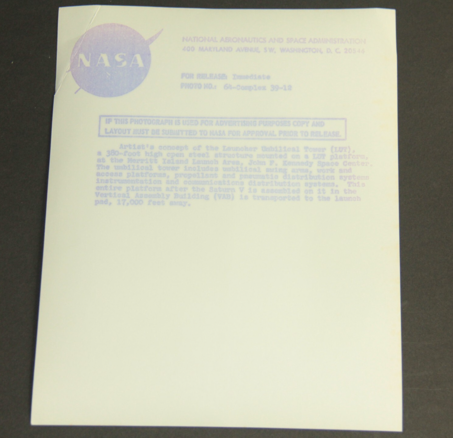 NASA PRESS RELEASE 64-Complex 39-12 Laucher Umbilical Tower Photo Purple Print