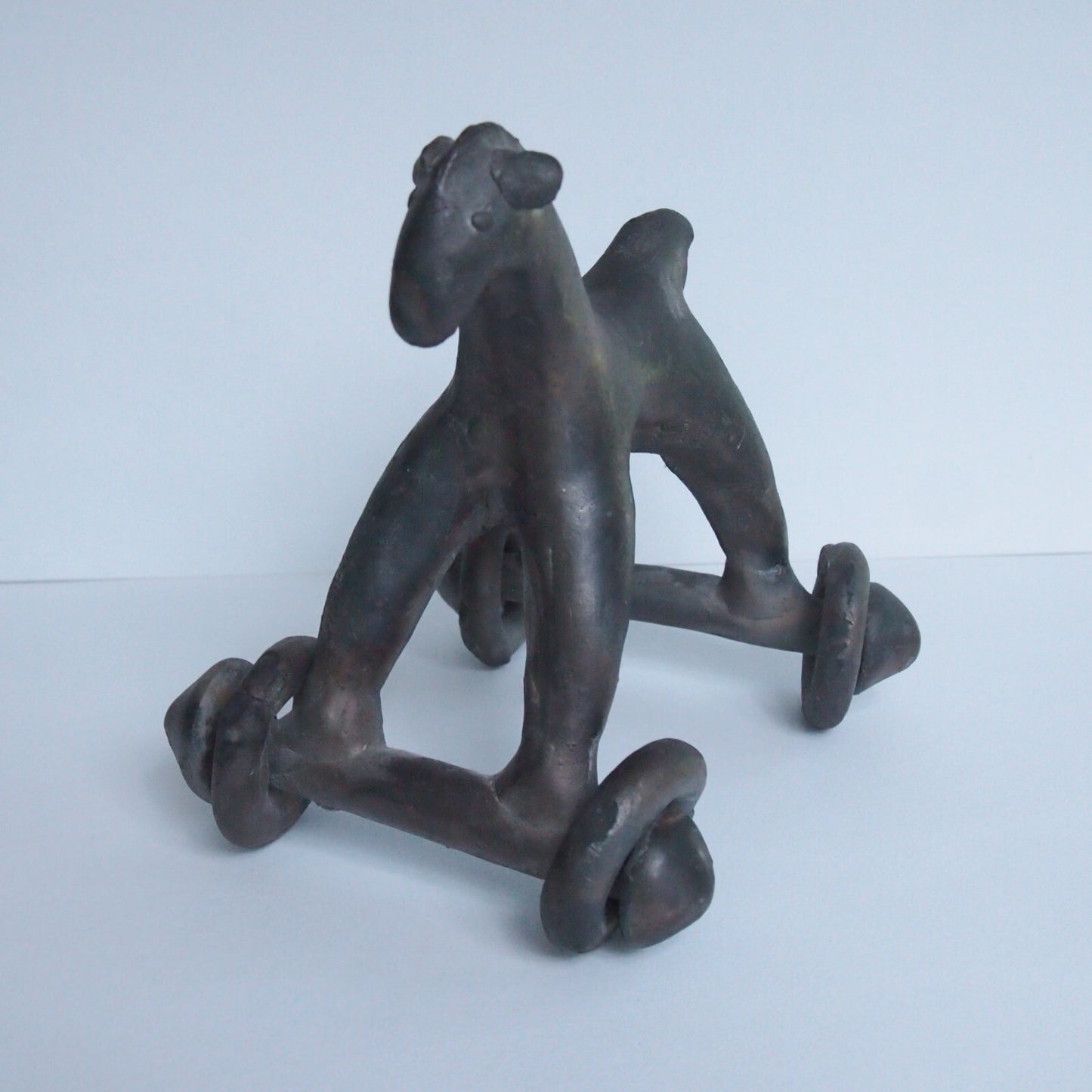 Vintage Black Terracotta Wheeled Horse Toy Open Fire Pottery Bangladesh 6”