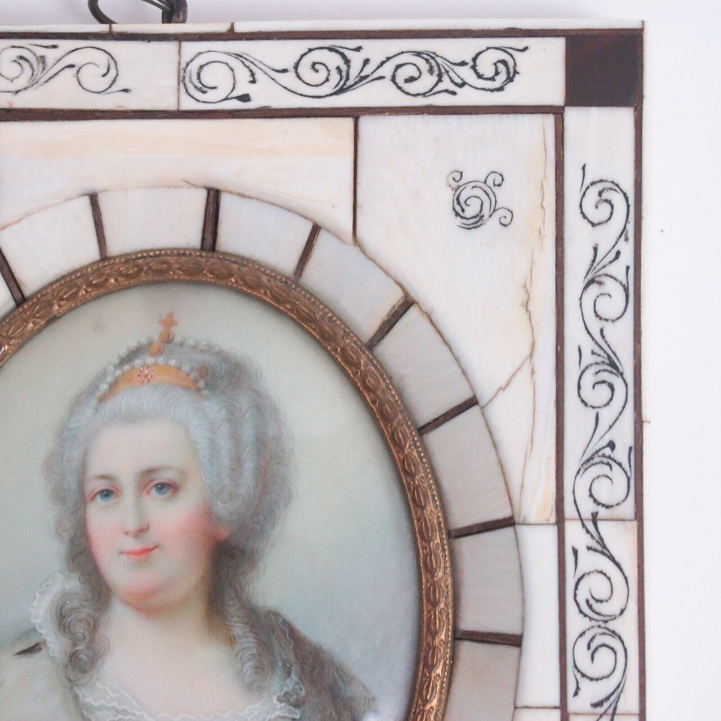 19th c. Hand-Painted Catherine the Great Miniature Portrait – Bone Frame