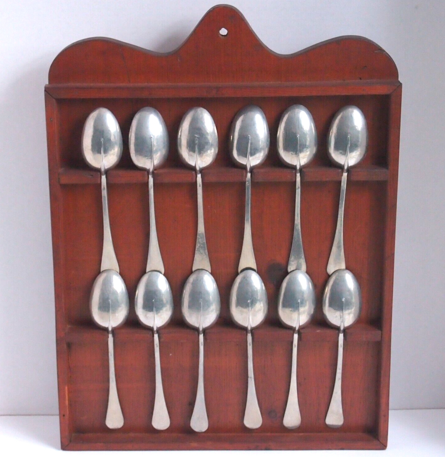 Vintage Set of 12 Britannia Pattern Pewter Spoons St. Genevieve Foundry w Stand