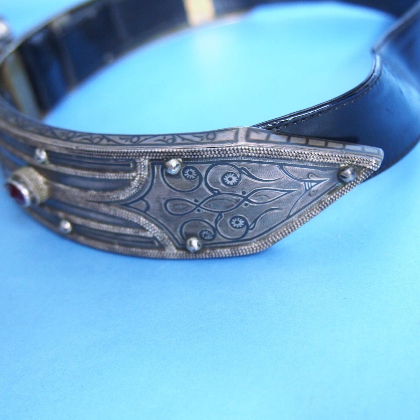 Early 1900s Niello Inlay Wedding Belt – White Metal & Bronze – 26” Ceremonial
