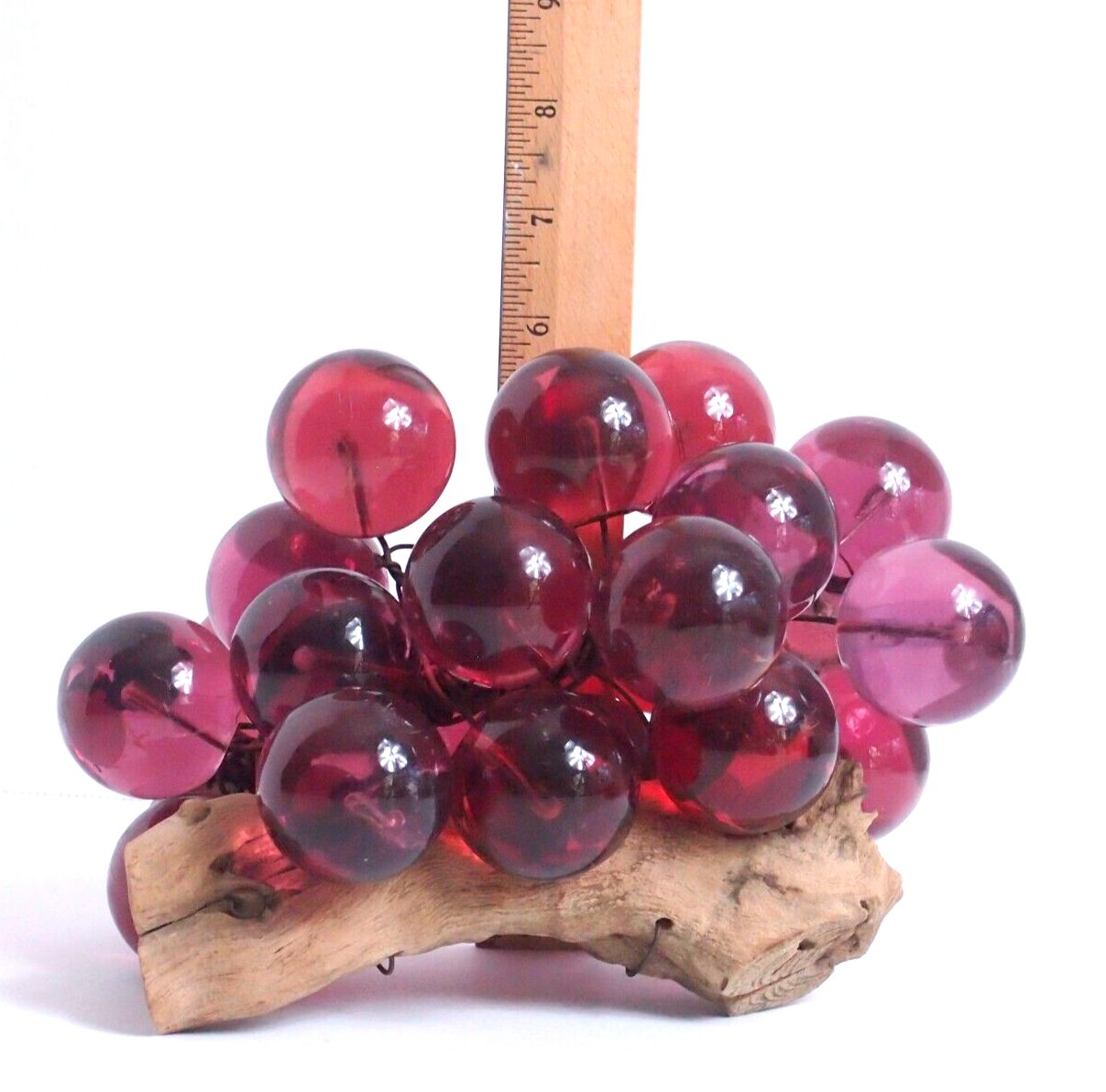 Rare Vintage Lucite Dark Pink Grape Cluster on Driftwood β Large Globes