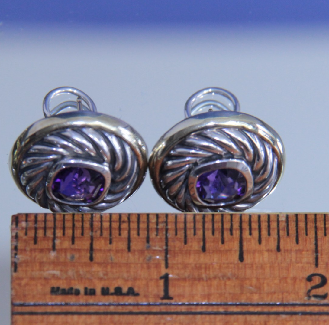 Authentic David Yurman Cable Earrings Amethyst 14K Sterling Silver RARE DESIGN