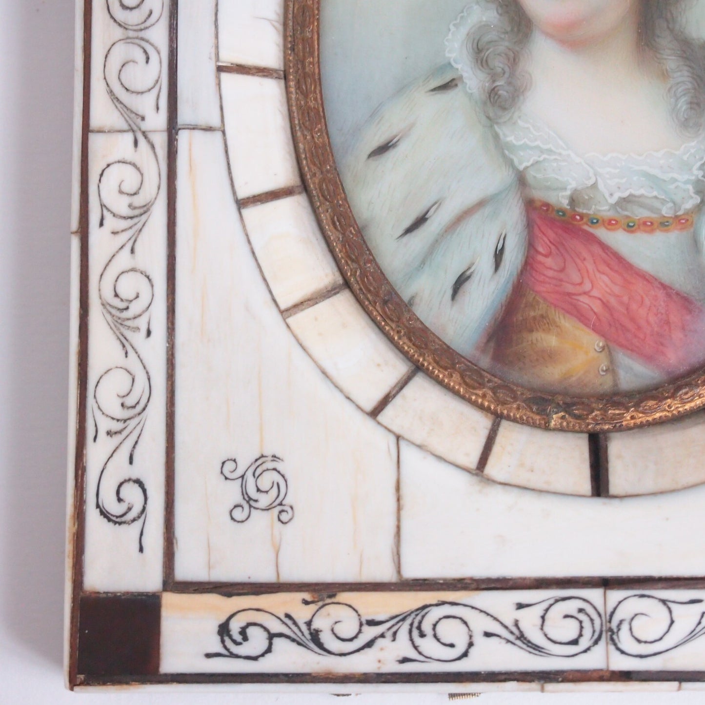 19th c. Hand-Painted Catherine the Great Miniature Portrait – Bone Frame