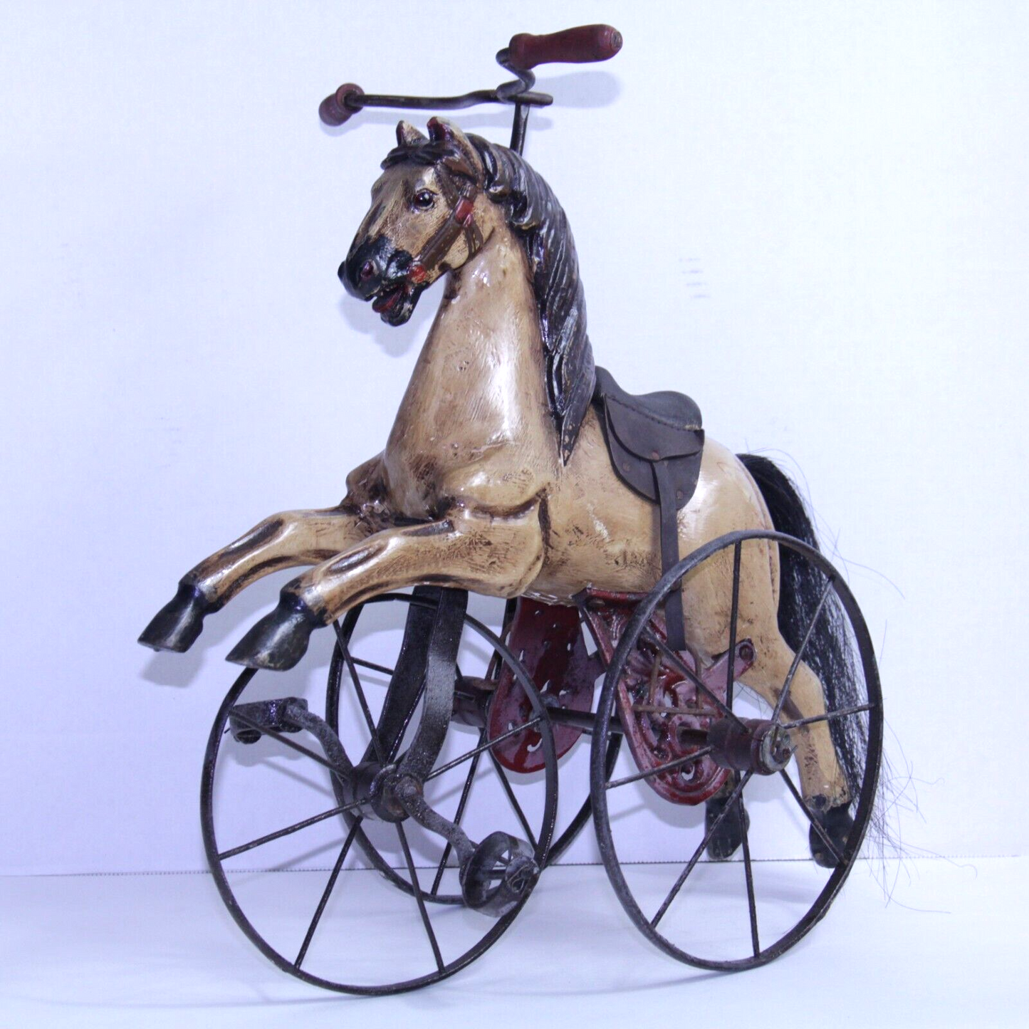 Antique Carousel Horse Tricycle Velocipede w Leather Saddle & Cast Iron Wheels