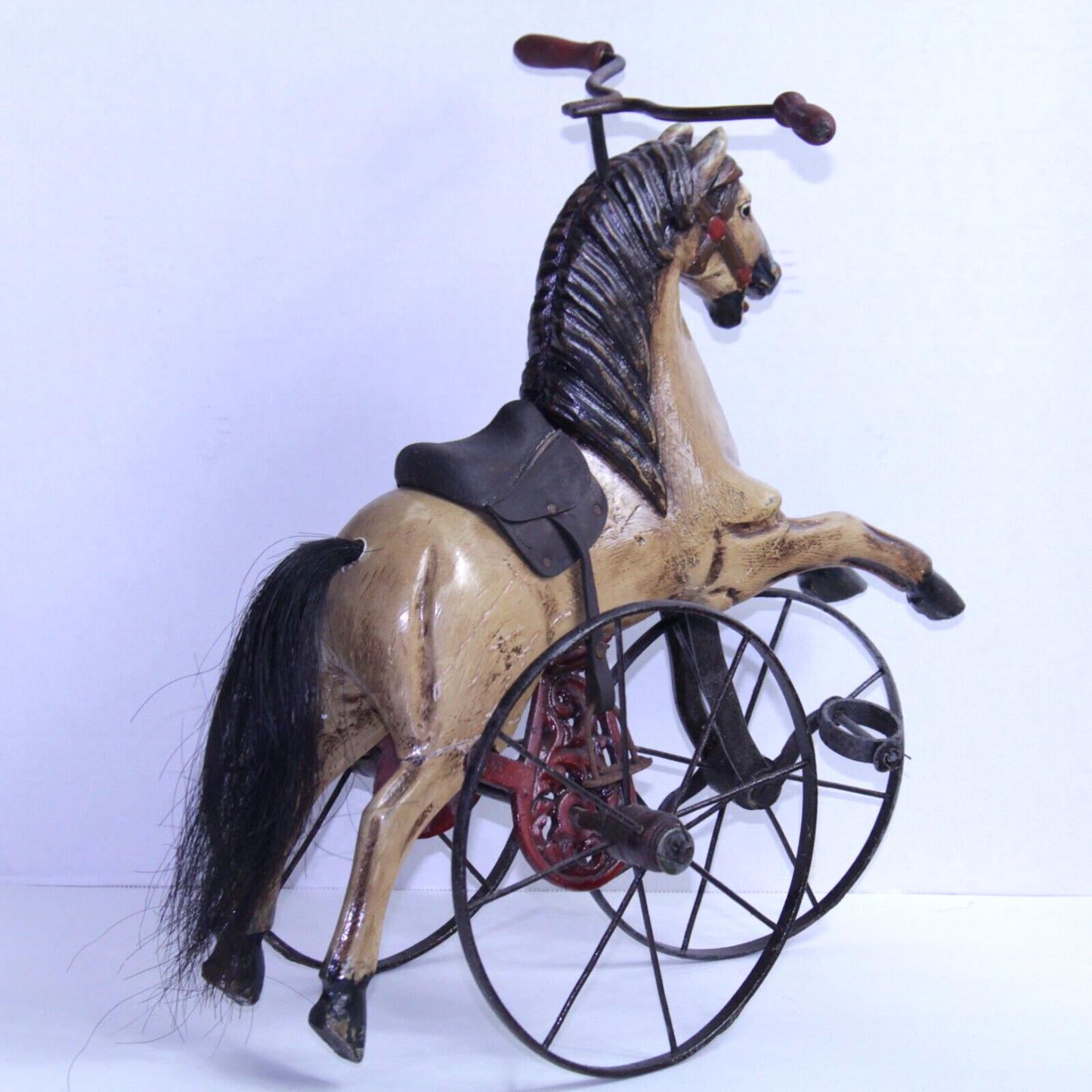 Antique Carousel Horse Tricycle Velocipede w Leather Saddle & Cast Iron Wheels