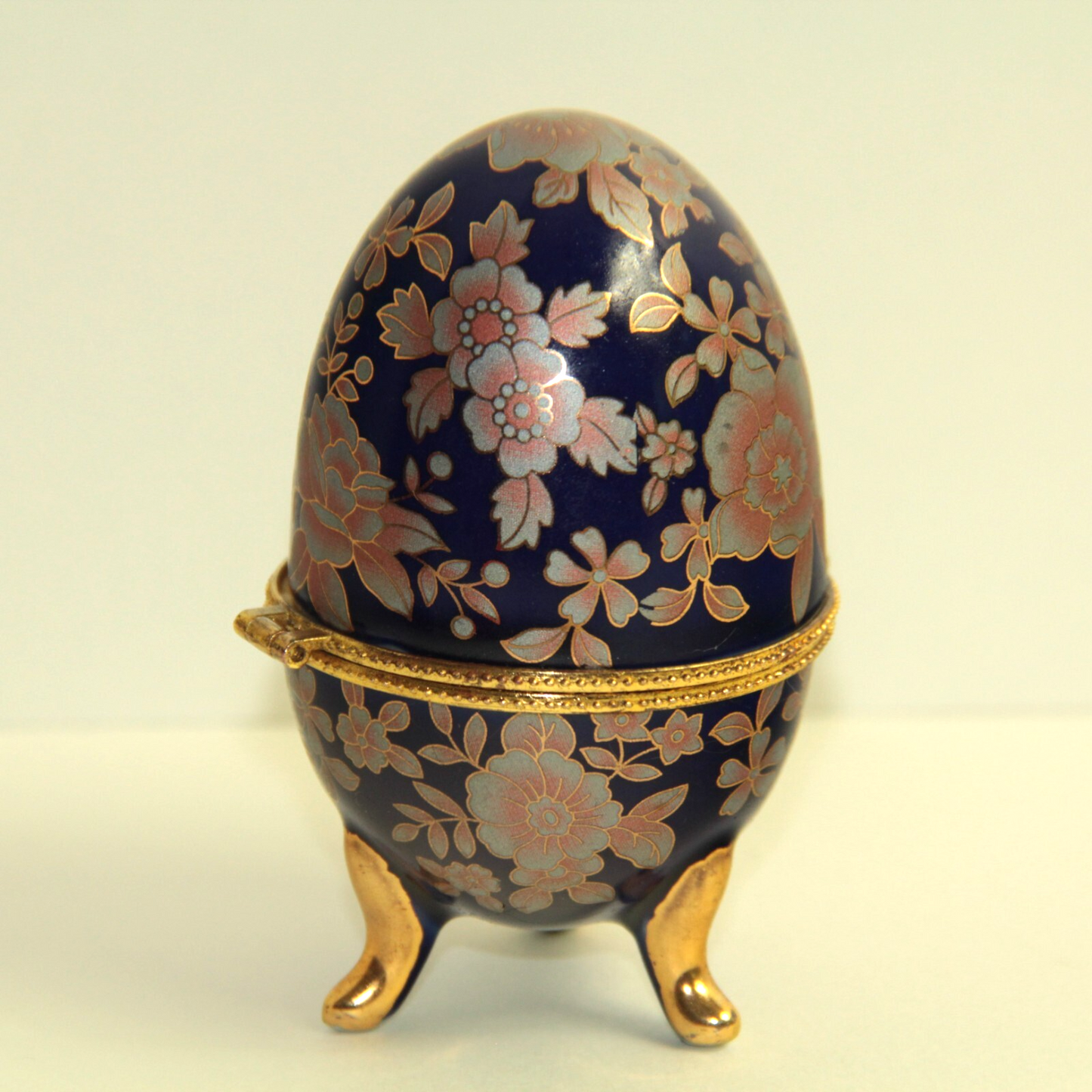 3.75" Floral Egg Trinket Box Cobalt Blue w Pink Flowers & Gold Cloisonne Look