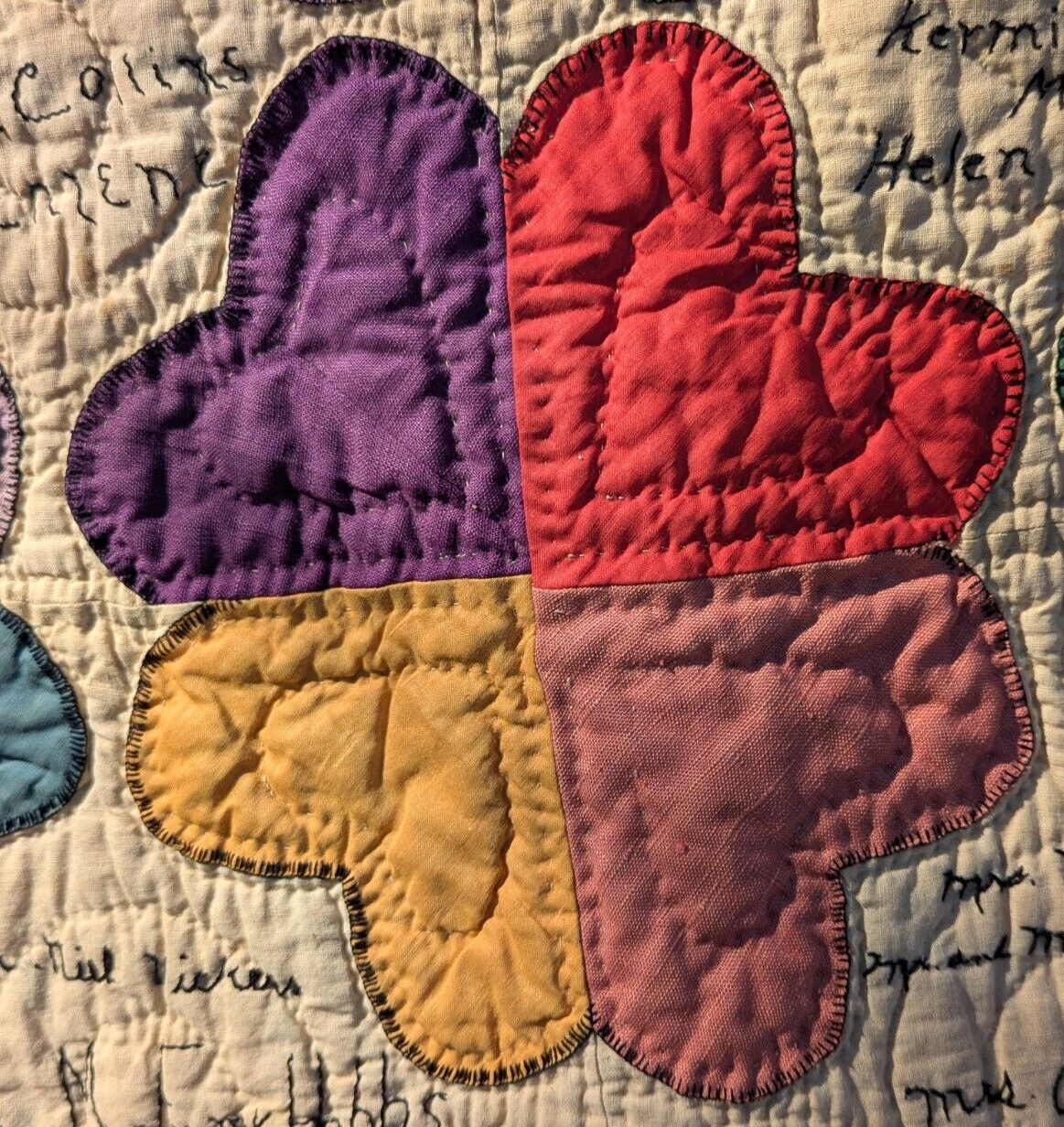 Antique Hand-Stitched Family Tree Heart Quilt Mabrey Hogg Ruff Treece Griffin