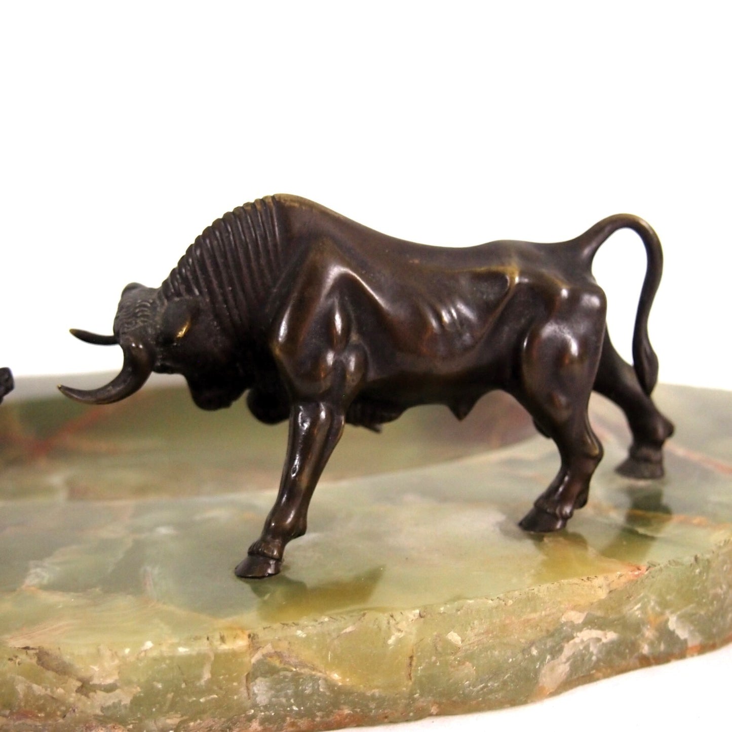 Antique Bronze Bull & Bear Green Alabaster Tray ā Stock Market Desk Art ā MCM āØ