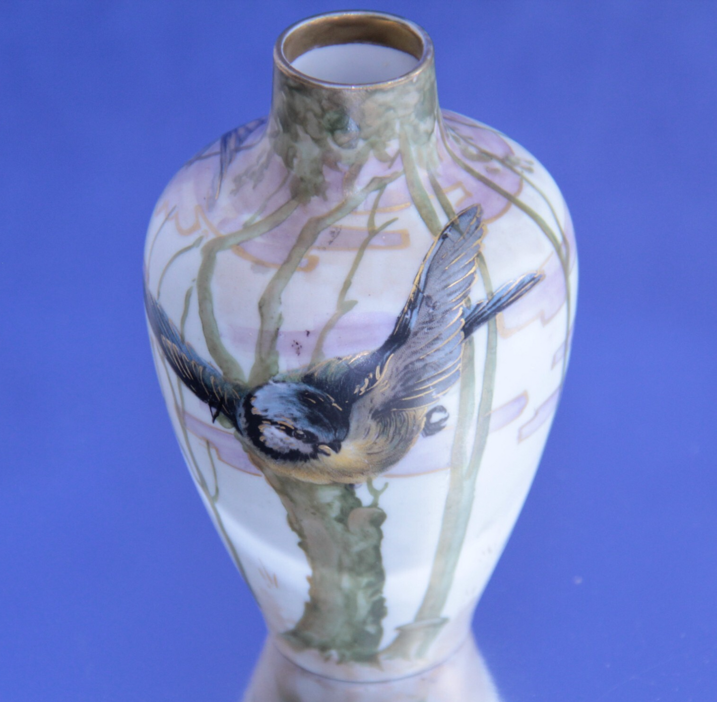 Ernst Wahliss Art Nouveau Gilt Earthenware Vase โ Spring Landscape w Sparrow