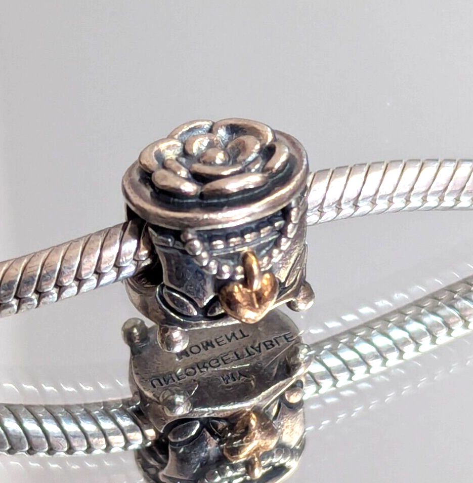 Pandora Retired Sterling Silver & 14K Box Charm 791019 My Unforgettable Moment