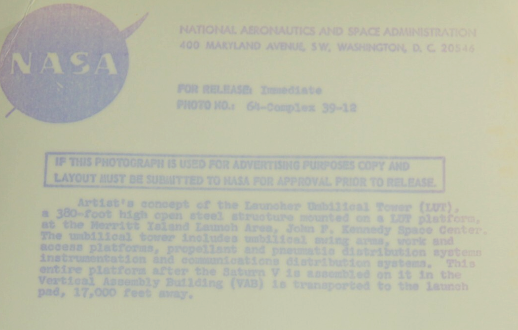NASA PRESS RELEASE 64-Complex 39-12 Laucher Umbilical Tower Photo Purple Print