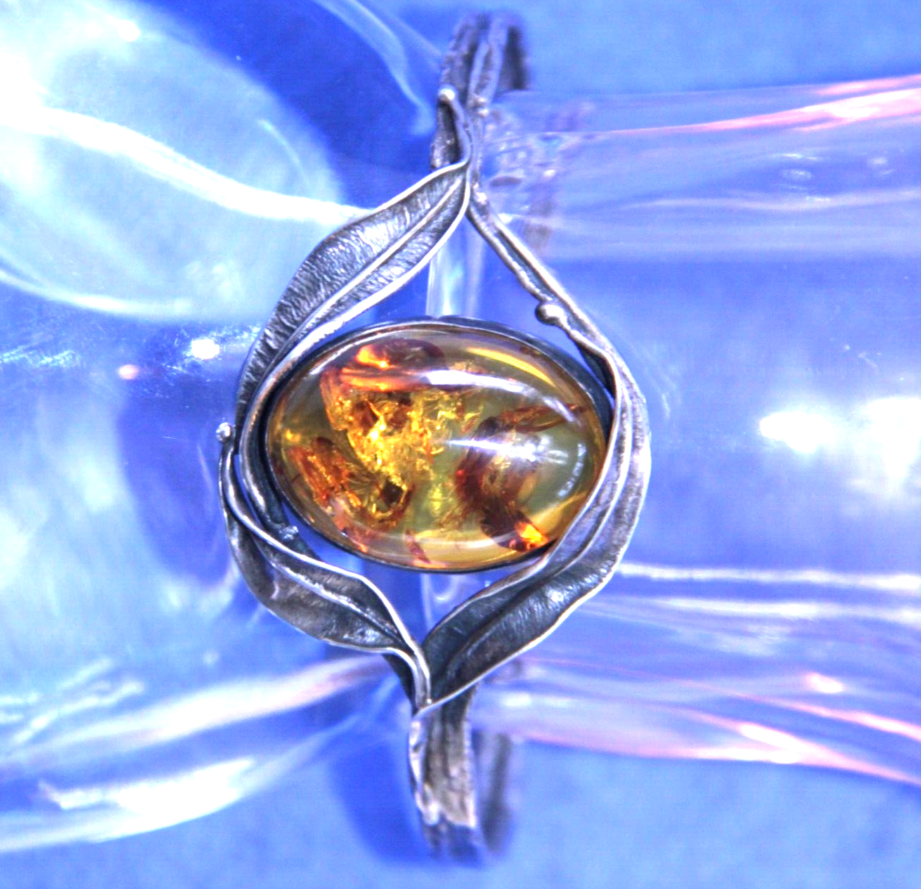 Antique Sterling Silver Baltic Amber Brutalist Hand Hammered Bracelet 16.2g .925