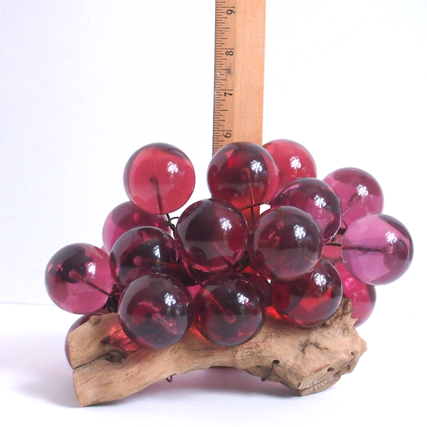 Rare Vintage Lucite Dark Pink Grape Cluster on Driftwood β Large Globes