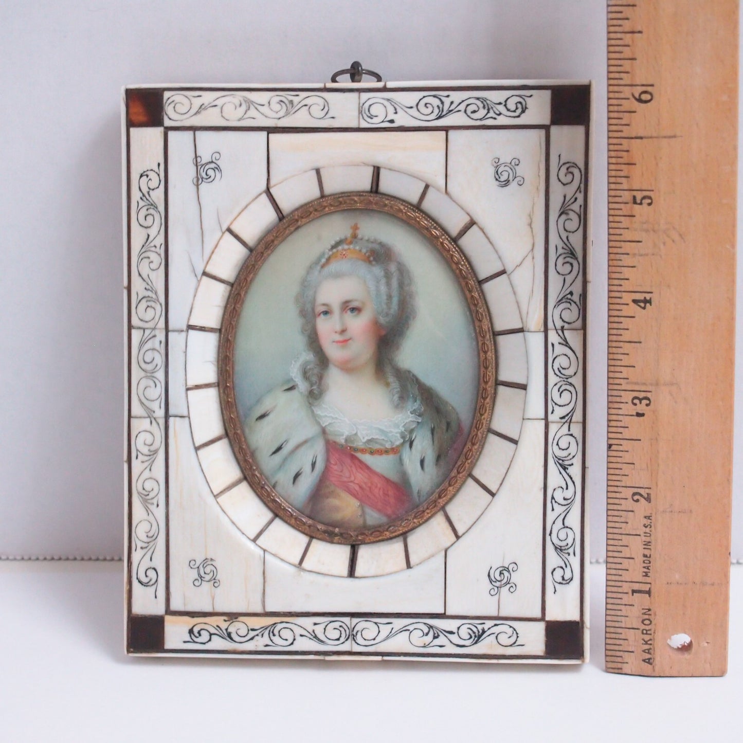 19th c. Hand-Painted Catherine the Great Miniature Portrait – Bone Frame