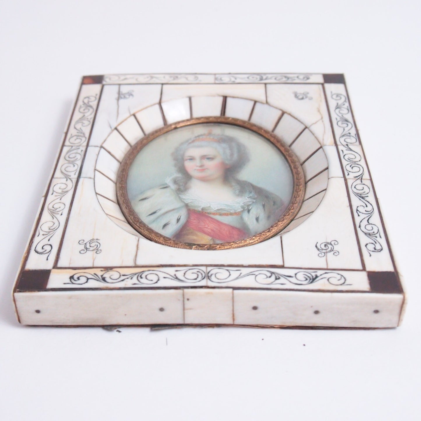 19th c. Hand-Painted Catherine the Great Miniature Portrait – Bone Frame