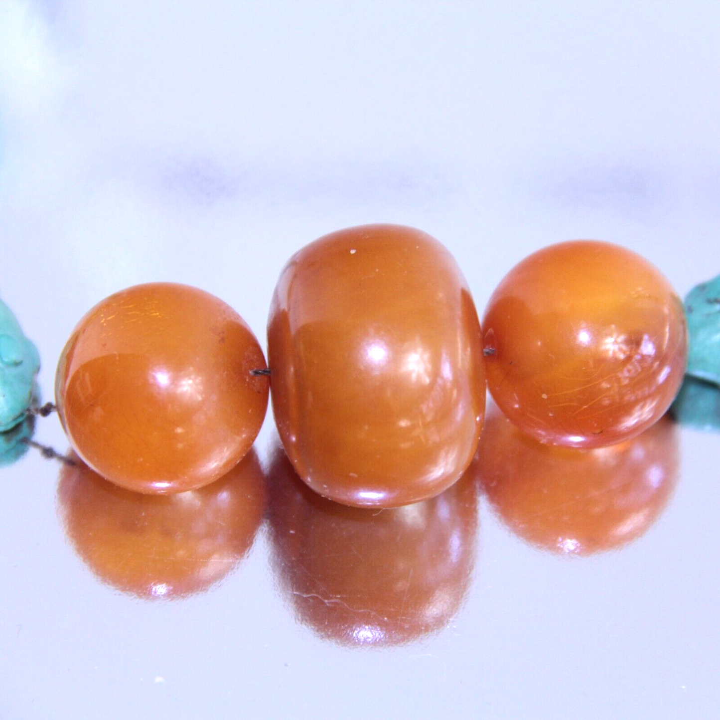 Bakelite Sterling Silver & Natural Turquoise Beaded Necklace Butterscotch 26" ✨