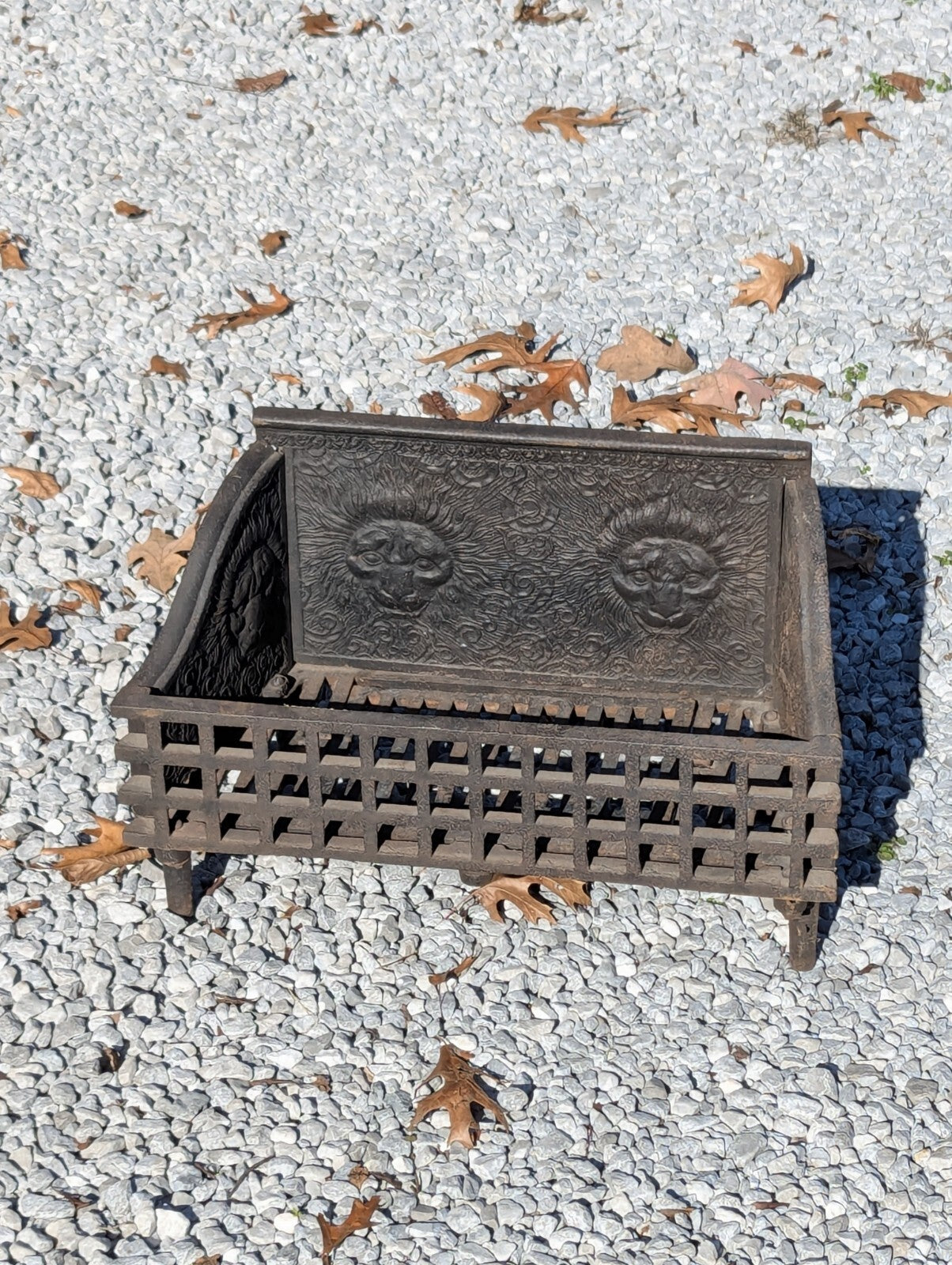 Fantastic Antique Lion Head Fireplace Insert Grate Log Holder Cast Iron 22" Wide