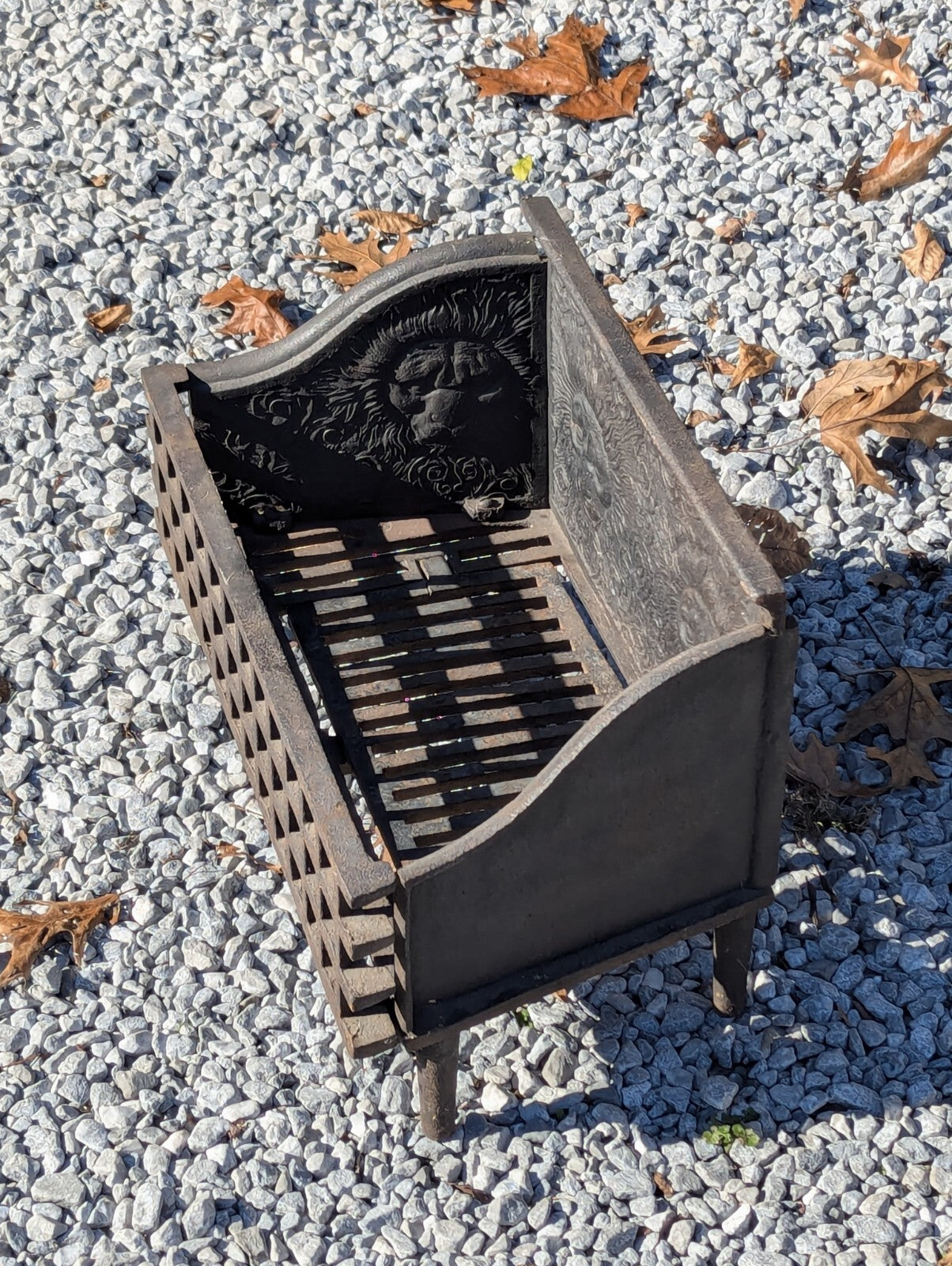 Fantastic Antique Lion Head Fireplace Insert Grate Log Holder Cast Iron 22" Wide