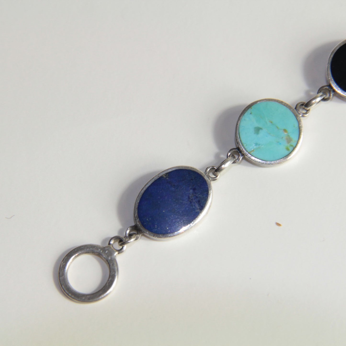 Sterling Silver GEMSTONE BRACELET Bezel Set Stone Link Turquoise Onyx Jasper 7"