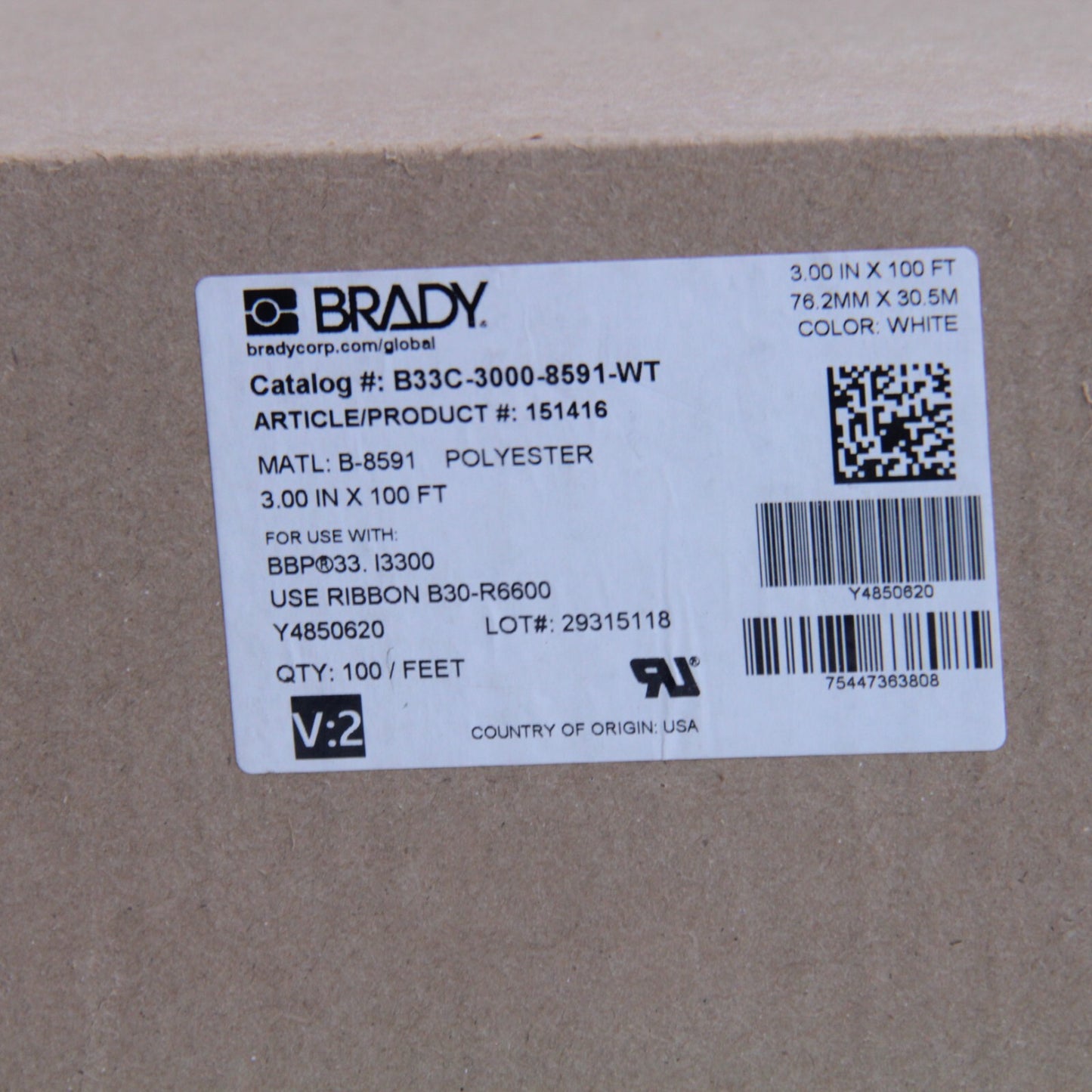 Brady Vinyl Tape Roll – B33C-3000-8591-WT – White 3" x 100 ft – Indoor/Outdoor