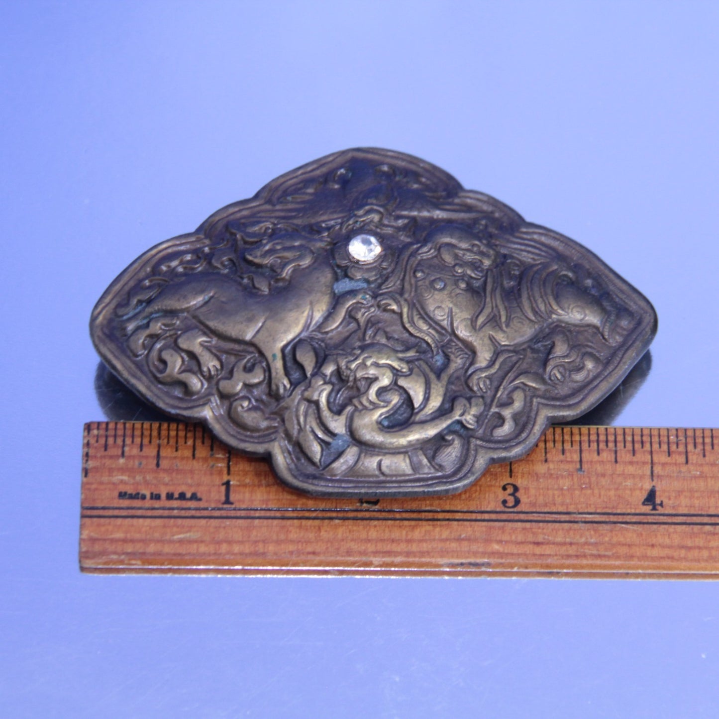 70's Bergamont Brass Works Belt Buckle - Foo Dogs & Dragon - White Stone