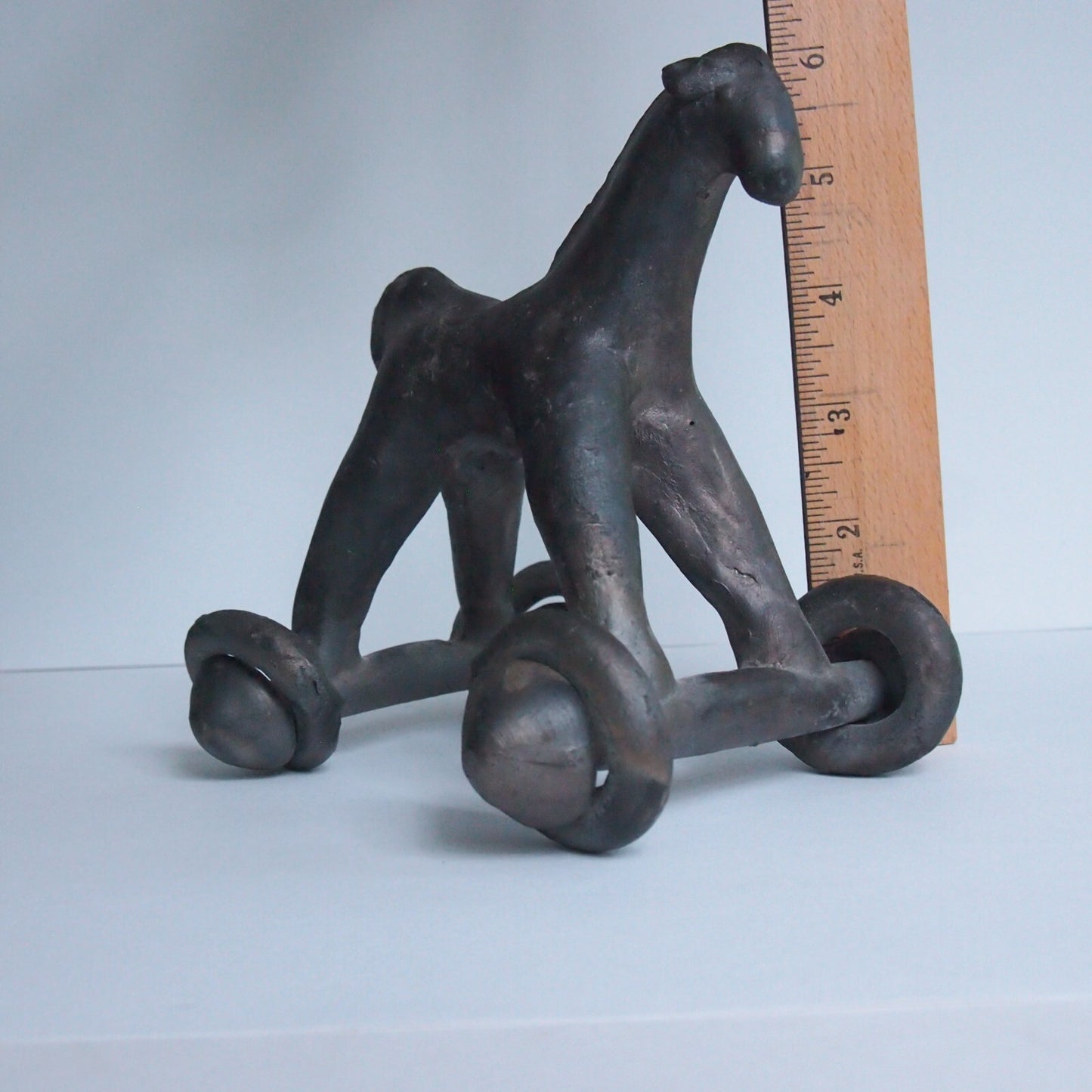 Vintage Black Terracotta Wheeled Horse Toy Open Fire Pottery Bangladesh 6”