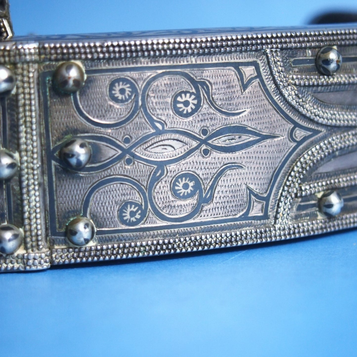 Early 1900s Niello Inlay Wedding Belt – White Metal & Bronze – 26” Ceremonial