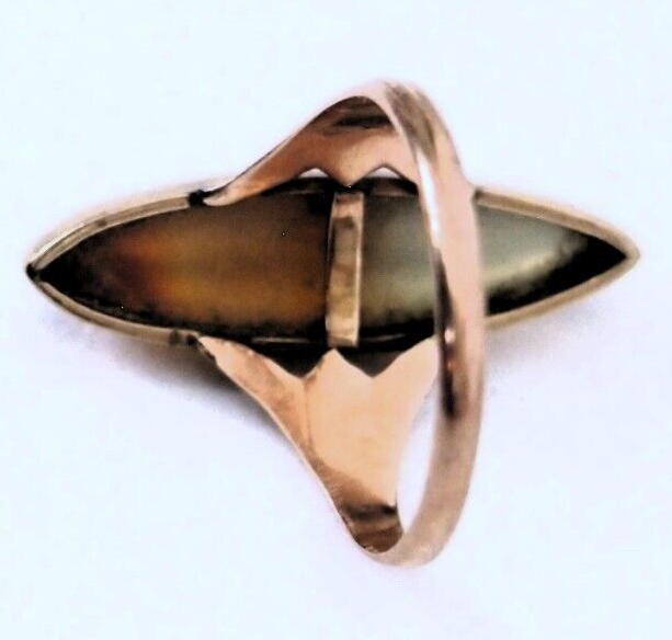 30's Antique 10k Rose Gold Long Banded Agate Miller-Steinau Navette Ring