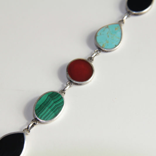 Sterling Silver GEMSTONE BRACELET Bezel Set Stone Link Turquoise Onyx Jasper 7"